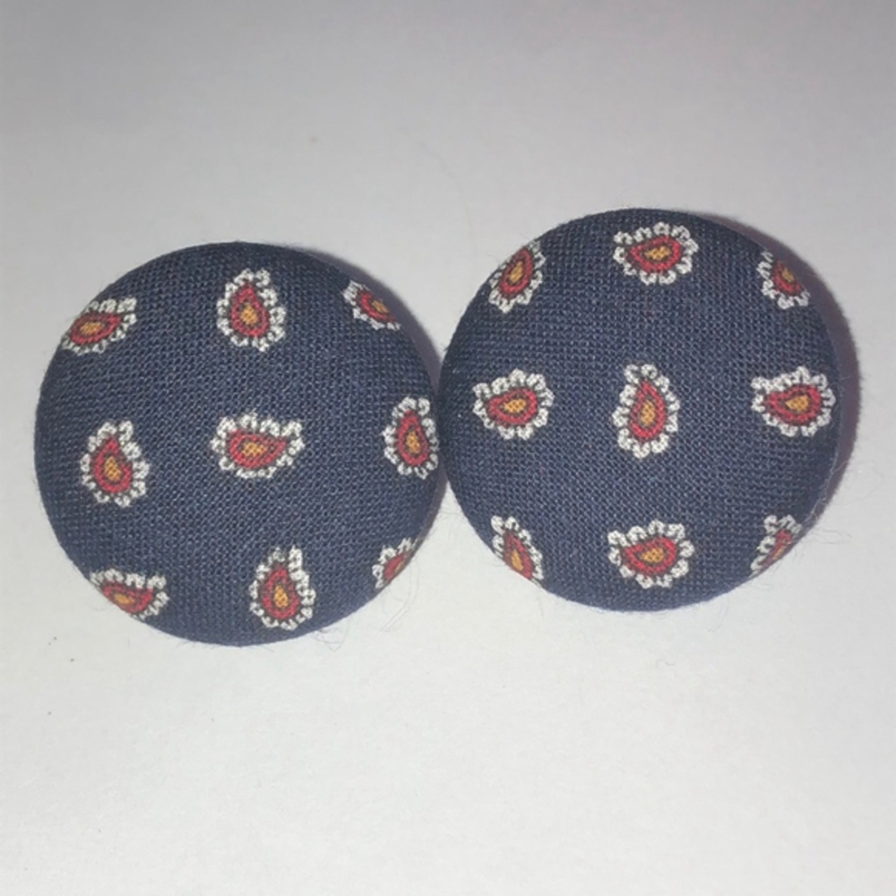 Navy Blue Fabric Button Earrings